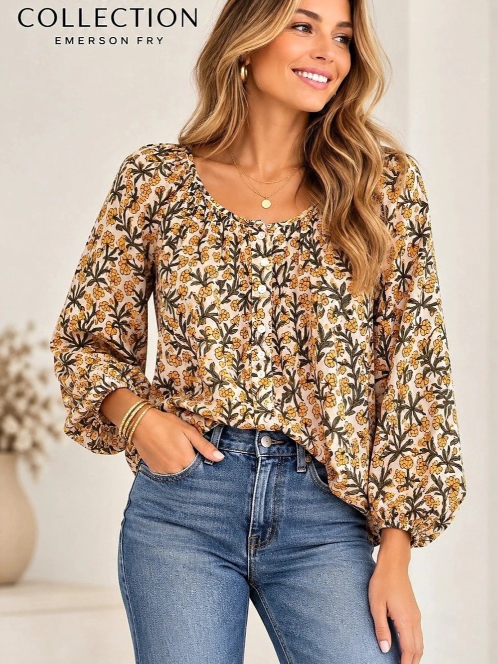 India Collection Floral Organic Cotton Blouse in White & Orange Like New
